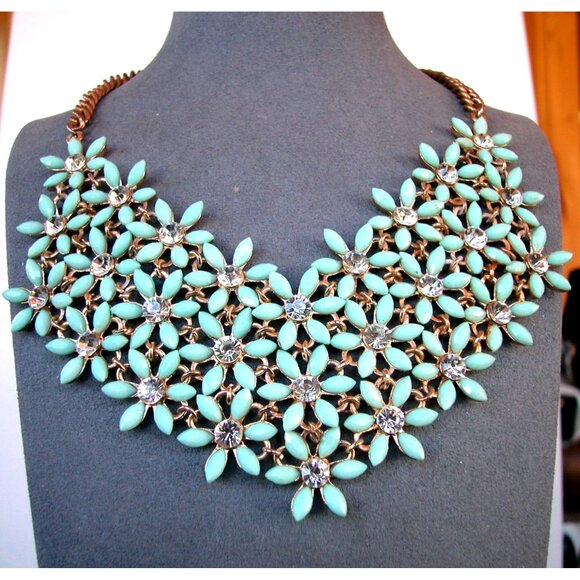 Statement Bib Necklace With Turquoise Color Beads & Rhinestones - Picture 1 of 3
